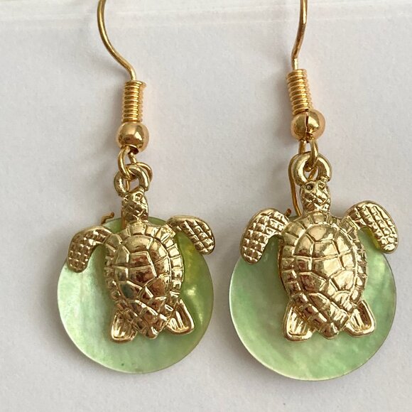 Gold Sea Turtle Shell Charm Earrings Plated Dangle Island Nautical Green Shells - Picture 2 of 8
